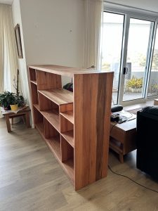 Side profile of an upcycled Blackbutt bookcase showing thickness and finish in Giralang ACT
