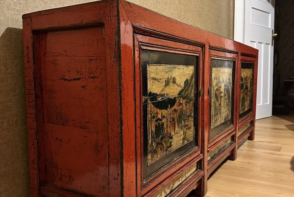 Antique Chinese red-lacquered elm sideboard c.1900 delivered from Tombo Co (Fitzroy) to Manly—angled view showing lacquer patina and painted panels.