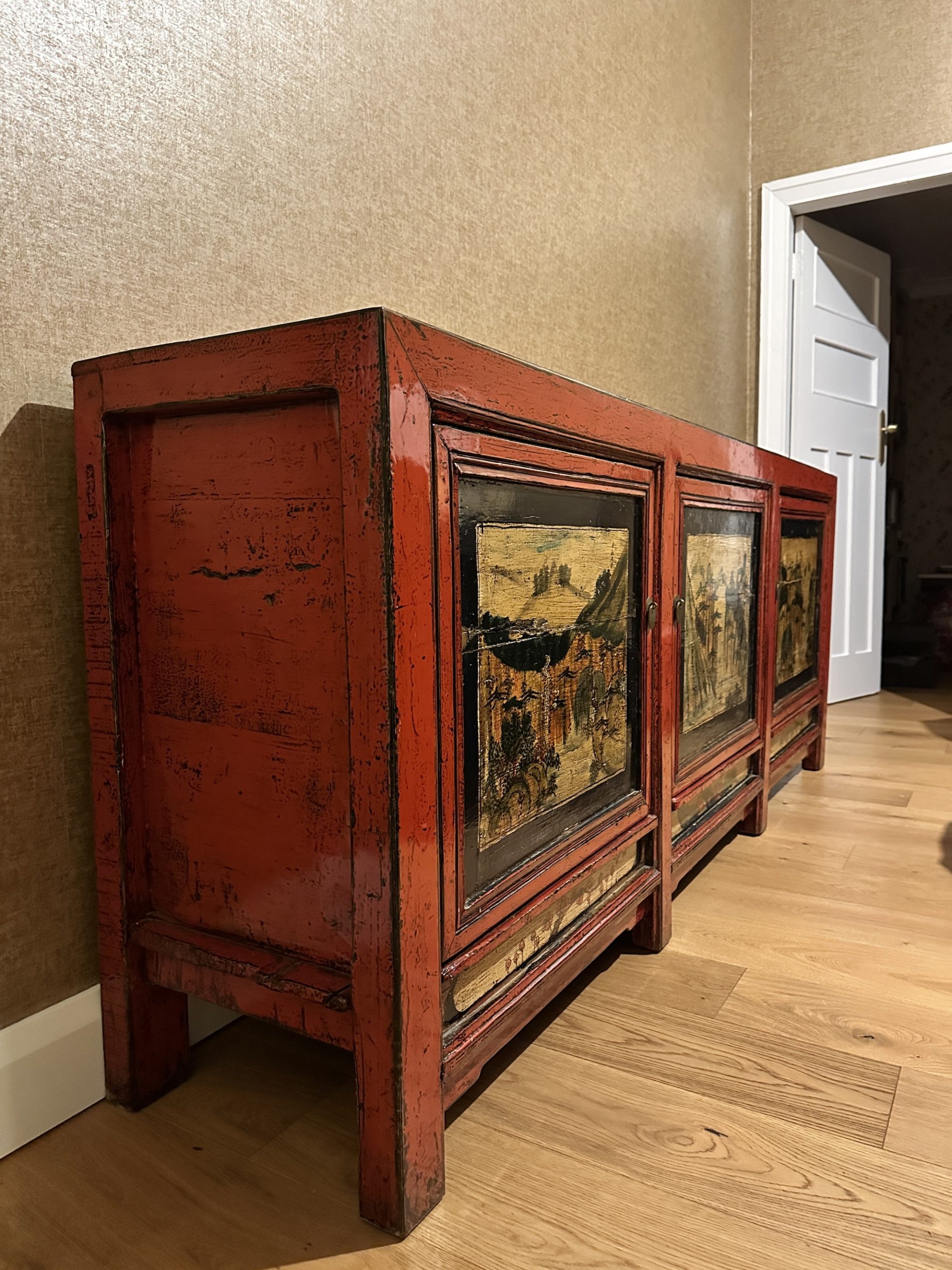 Antique Chinese red-lacquered elm sideboard c.1900 delivered from Tombo Co (Fitzroy) to Manly—angled view showing lacquer patina and painted panels.
