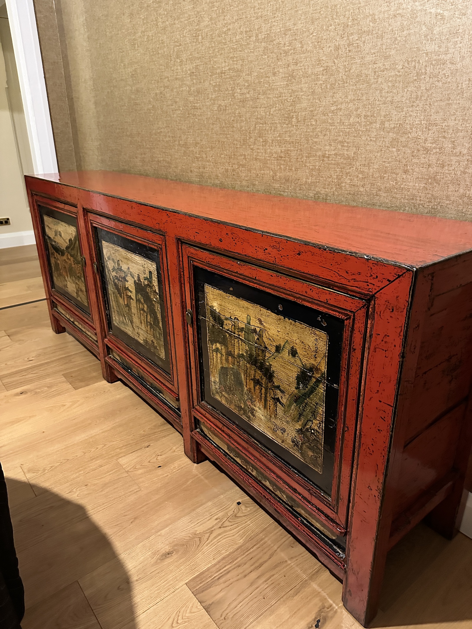 Front quarter view of antique Chinese sideboard c.1900—red lacquer with hand-painted panels—delivered for Tombo Co from Fitzroy to Manly