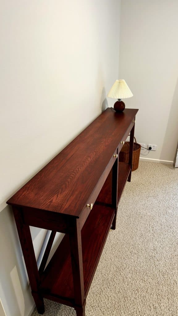 Hall stand/sideboard positioned along the wall, American Oak with a Jarrah stain tone.
