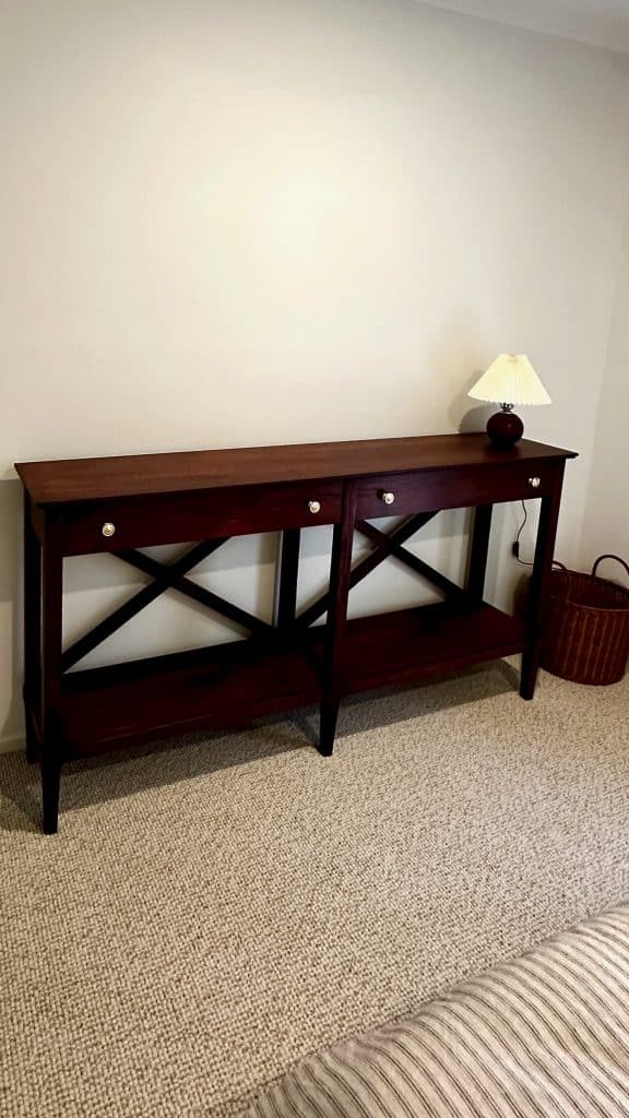 Detail angle of the hall stand/sideboard showing the frame and finish, American Oak with Jarrah stain tone.