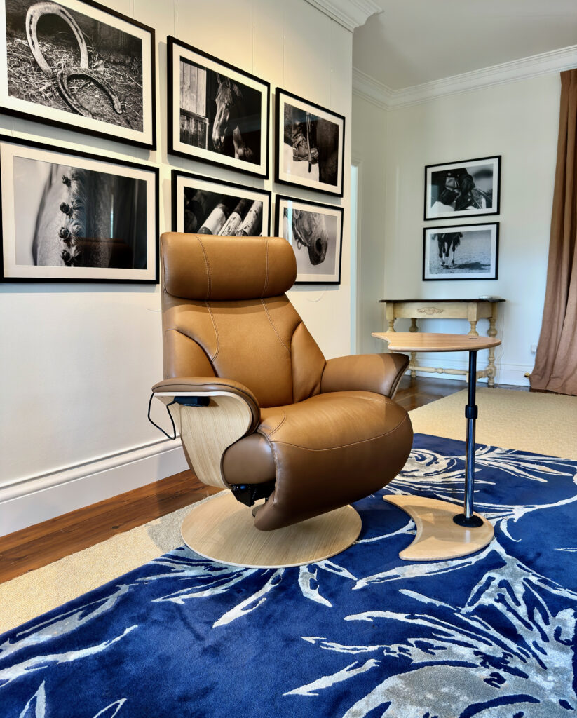 Closer view of a Strictly Comfort leather recliner after delivery and placemen