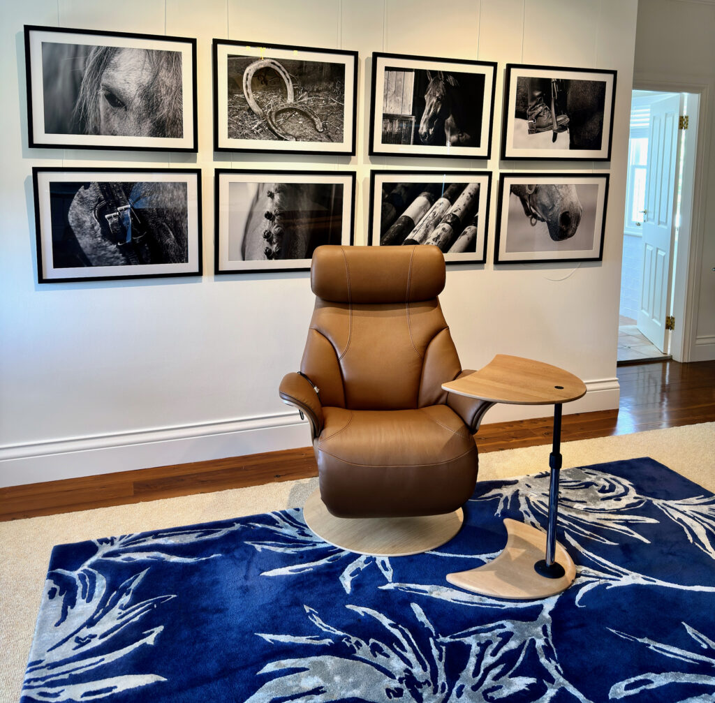 Strictly Comfort leather recliner shown in a warm finished room setting