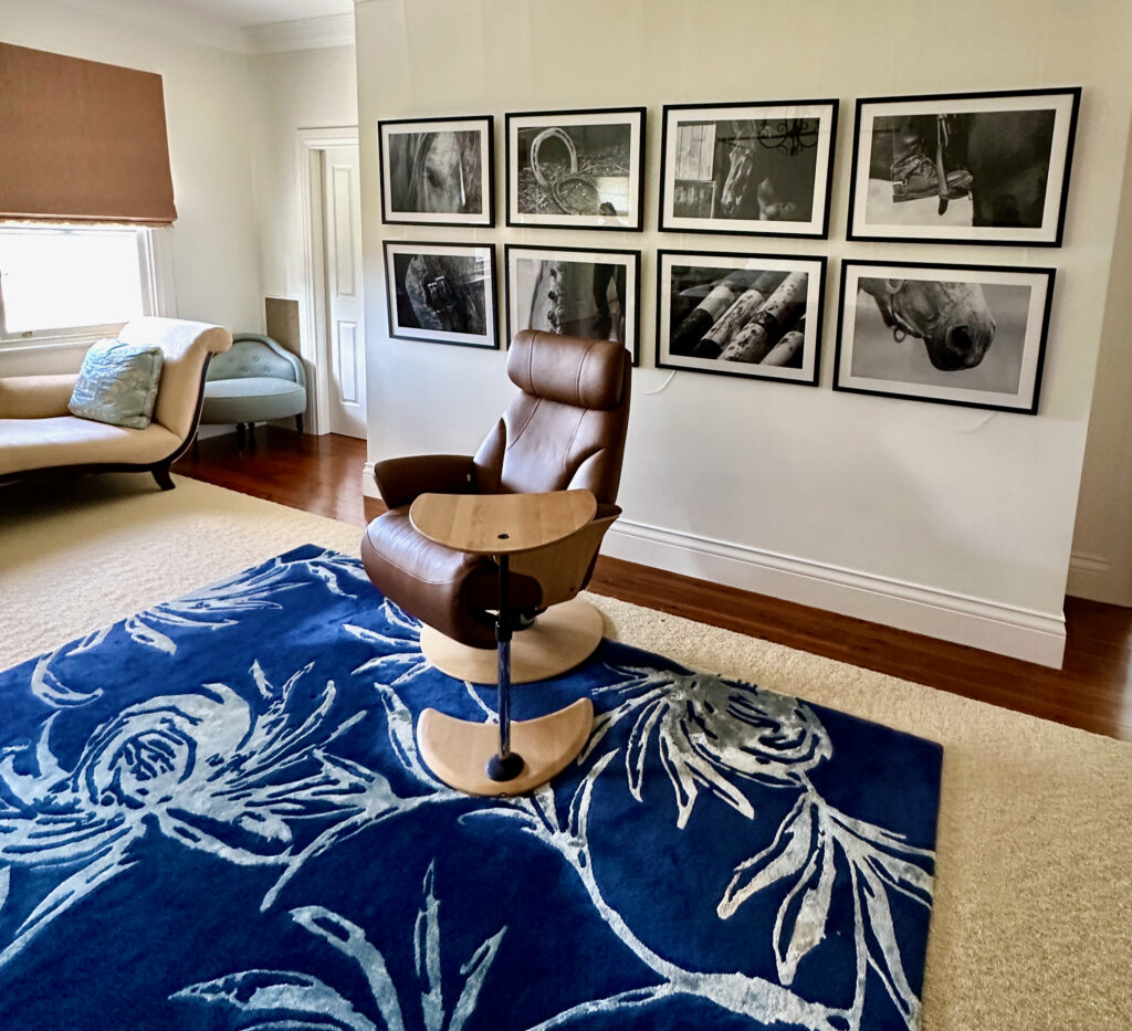 Strictly Comfort recliner placed in a bedroom with wall art and blue rug