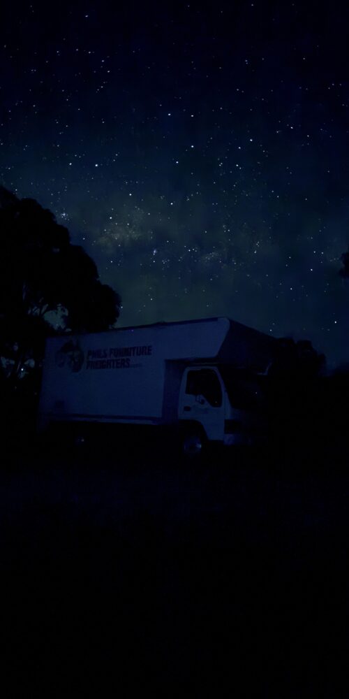 Phil’s Furniture Freighters truck beneath a starry night sky at Woomargama.